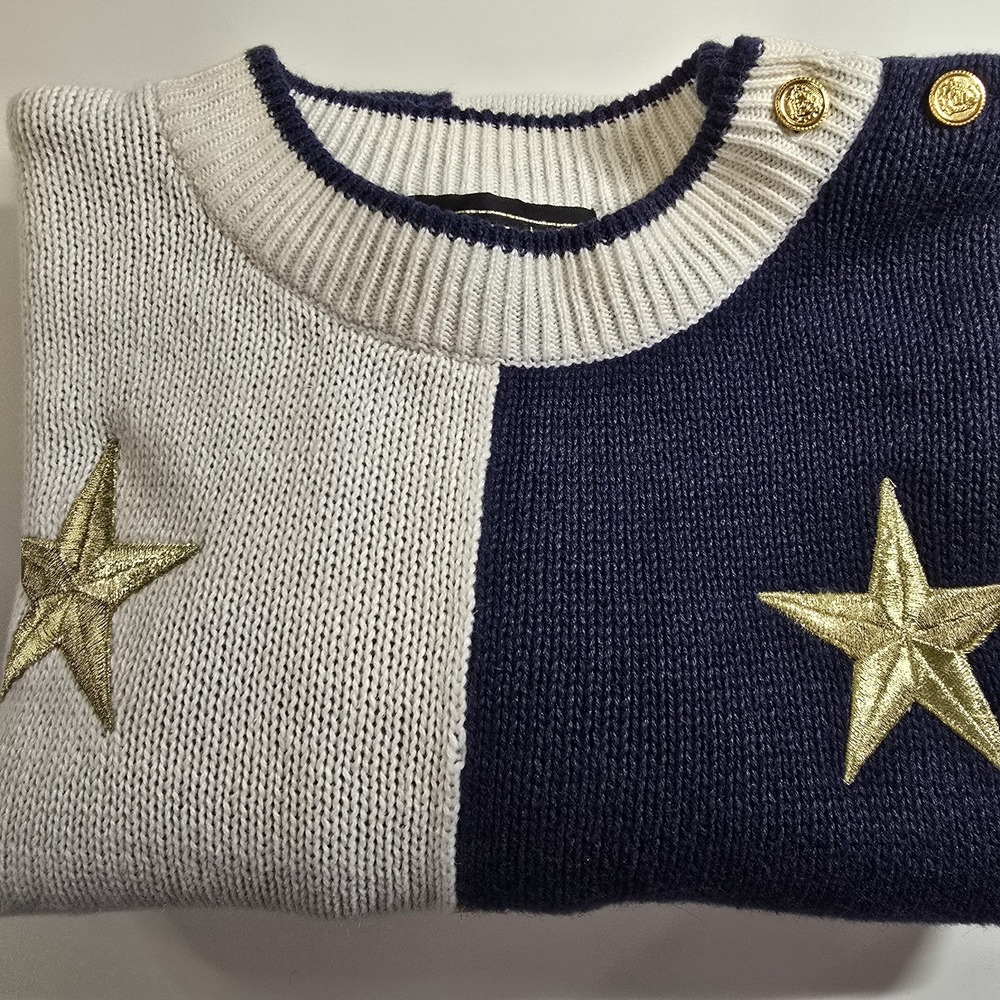 Maurada Vintage Navy‎ White Colorblock Star Sweater Gold Button Accent Womens L